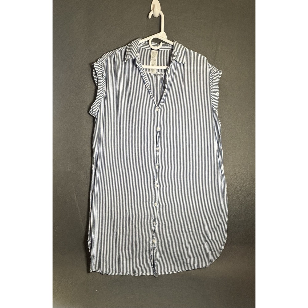 Calzedonia Cobey Dress Shirt Women's L Blue White Striped Button Down Beach Cove